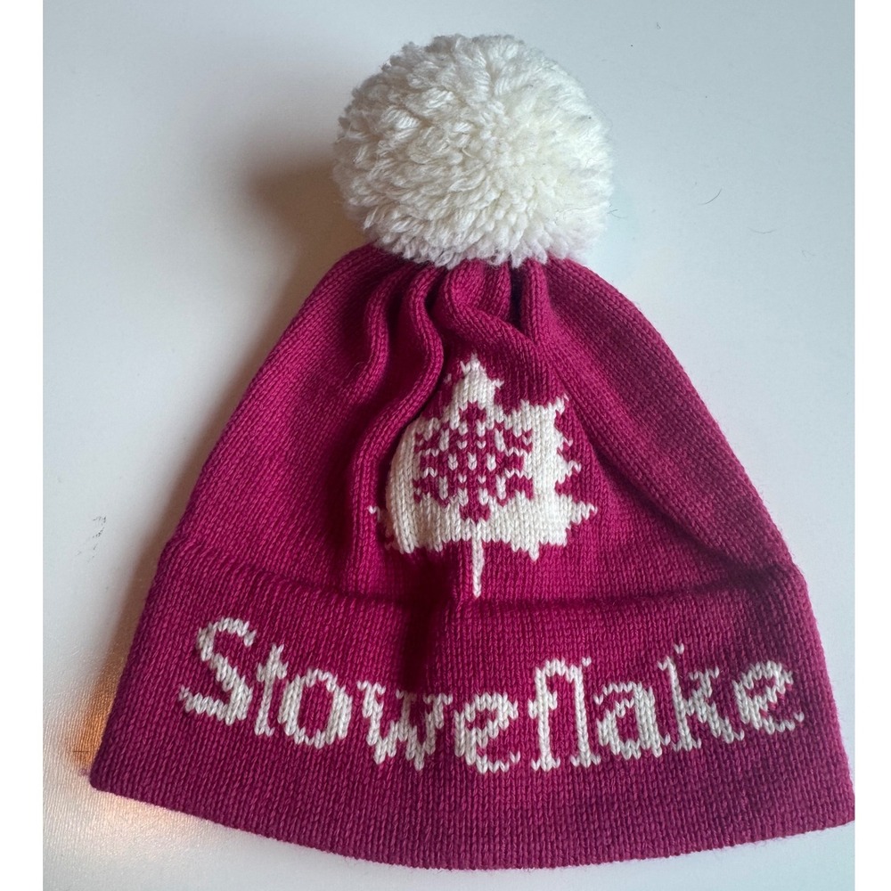 Vintage Stowe Woolens Pink 100% Wool Beanie Hat Pom Pom Stoweflake Vermont USA